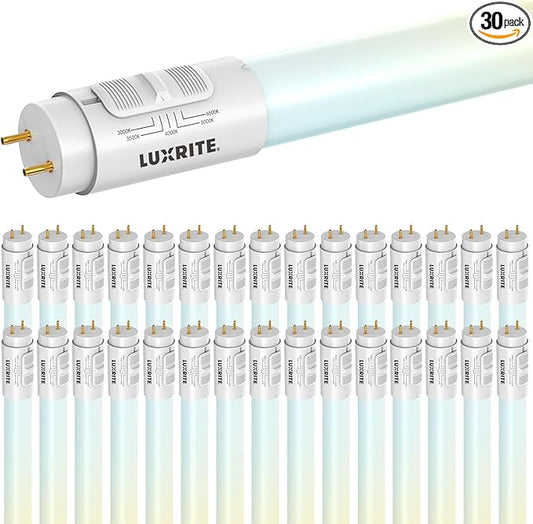 LUXRITE 3FT LED Tube Light, T8, 12W=25W, 5CCT 3000K- 6500K, 1560LM, 320° Beam Angle, Fluorescent Replacement, Ballast Compatible or Bypass, Single or Double End Powered, Damp & UL Listed (30 Pack)