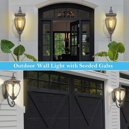 Porch Light Outdoor Wall Lights Exterior Lighting Fixtures, 18.7 Inch Waterproof Black Porch Lights Outdoor Wall Sconces Light Fixture with Seeded Glass for Outside Patio Garage