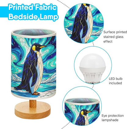 Penguin Table Lamp LED 3-Color Pressed Bedside, Penguin Shade Lamp with Wood Base for Bedroom Living Room Desk Office TL01