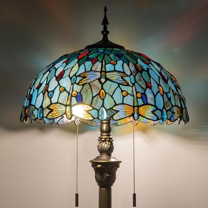 Tiffany Style Floor Lamp, 16" Stained Glass Dragonfly Shade with Antique Bronze Base, 2-Light E26 Pull Chain Standing Reading Light for Living Room, Bedroom, UL Listed, 16x16x64 Inches