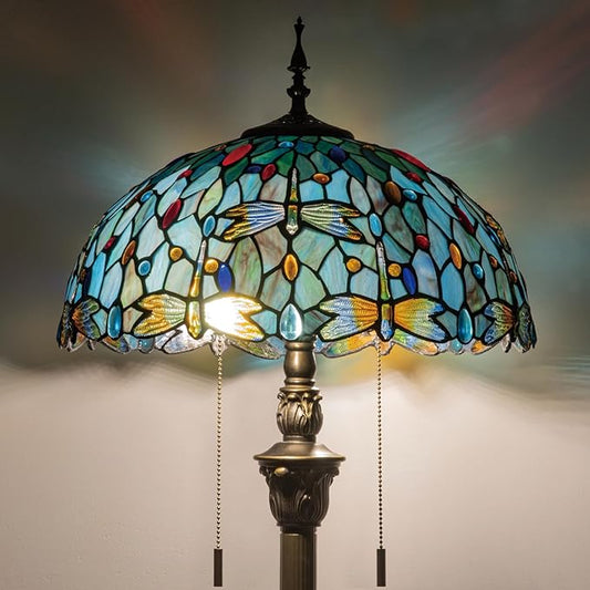 Tiffany Style Floor Lamp, 16" Stained Glass Dragonfly Shade with Antique Bronze Base, 2-Light E26 Pull Chain Standing Reading Light for Living Room, Bedroom, UL Listed, 16x16x64 Inches