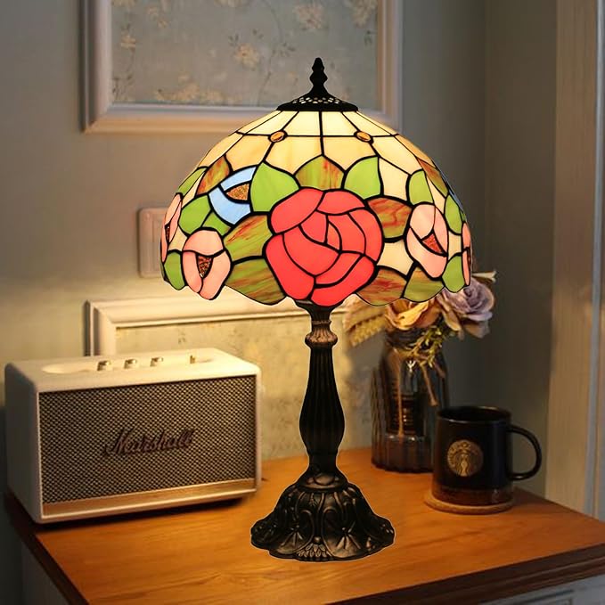 Tiffany Style Table Lamp, Stained Glass Bedside Lamp, Handmade Antique Desk Lamp, Red Rose Pattern, for Living Room Bedroom Home Office, Height 19 Inch, Width 12 Inch, Include LED Bulb
