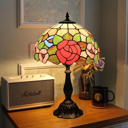 Tiffany Style Table Lamp, Stained Glass Bedside Lamp, Handmade Antique Desk Lamp, Red Rose Pattern, for Living Room Bedroom Home Office, Height 19 Inch, Width 12 Inch, Include LED Bulb