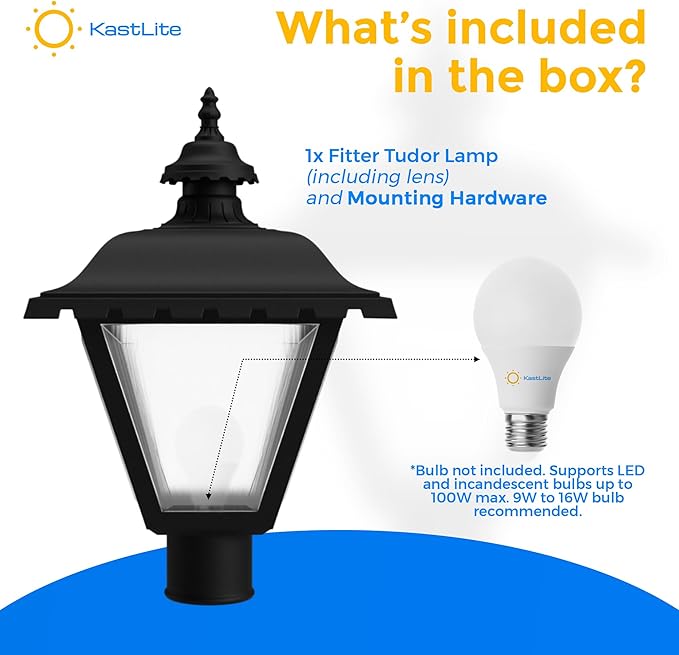 KASTLITE Black Outdoor Lamp Post Fixture - Fits 3" Light Poles for Outside Lighting - Waterproof E26 Base Lantern for Yard Patio Deck Garden Porch Mailbox Driveway & Street Lights - USA Made, Tudor
