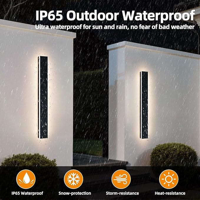 Upgrade Widened 2 Pack 57inch LED Outdoor Wall Lights, Modern Outside Lighting Fixture, 3000K Warm White, IP65 Waterproof, 50W, Black Minimalist Wall Mount Sconce for House, Yard, Fence