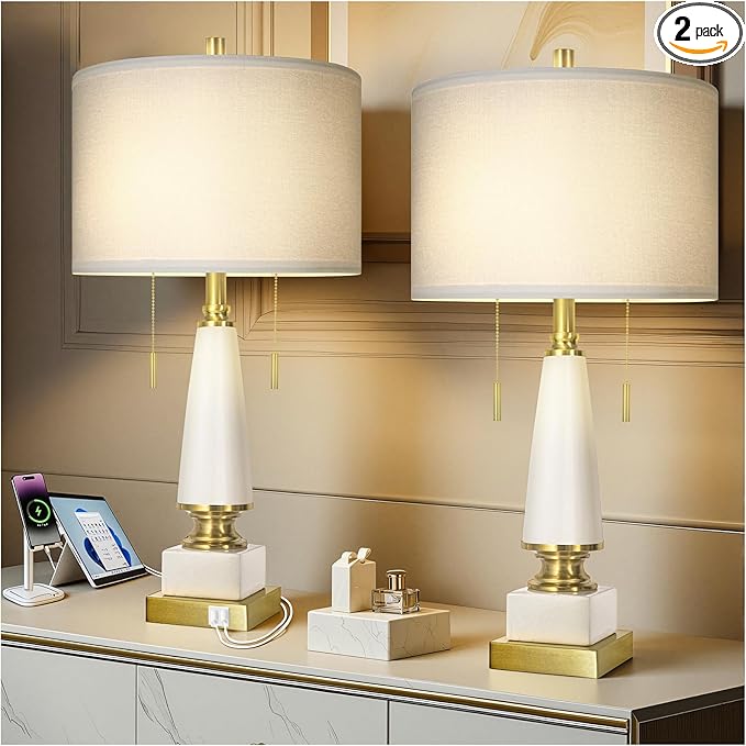 26" Bedside Table Lamps Set of 2, Ceramic Lamps for Living Room Nightstand with USB A+C Ports, Pull Chains Dual Switch, Modern Lamp with Linen Shade for Bedroom Office Home (Bulb Included)