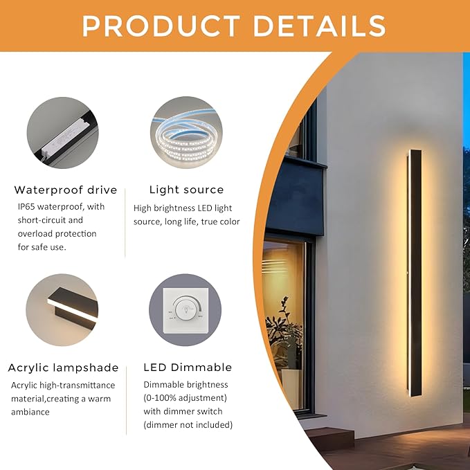 2 Pack Modern Outdoor Wall Lights 79 Inch 3000K LED Outdoor Wall Light for House Exterior Wall Garage Entrance Lighting Fixtures IP65 Long Strip Wall Sconces for Doorway Patio Passage