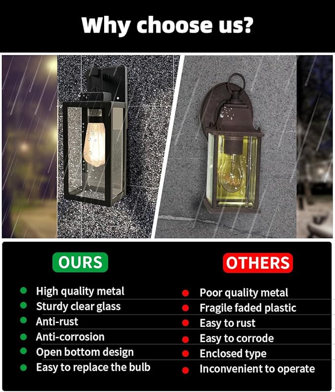 2 Pack Outdoor Wall Light - 14 Inch Exterior Wall Sconce for House, Outdoor Black Wall Lantern for Garage&Patio Front Door, Outside Porch Light Fixture with Glass Shade