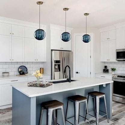 KCO Lighting Modern Large Globe Pendant Light 1-Light Single Blue Glass Pendant Lighting Kitchen Island Vintage Ribbed Glass Pendant Light Contemporary Gold Hanging Light Fixture (9.8”)