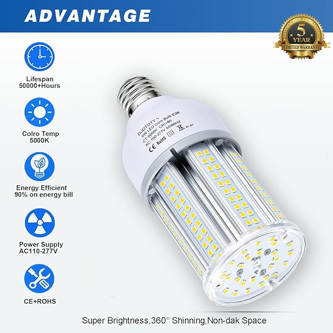 32W LED Light Bulb, E26 Base with E27 Adapter, 5000K 5000LM LED Light Bulb for Garage Warehouse Workshop Barn (32Watts)