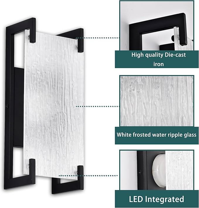 Alighting Modern Black LED Outdoor Wall Sconce – Waterproof Exterior Lighting Fixture with Rippled Glass, 12W 3000K Warm White Outdoor Porch Light for House, Garage, Patio, Garden