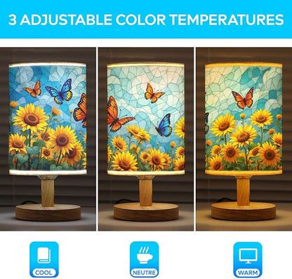Butterfly Table Lamp LED 3-Color Pressed Bedside, Butterfly Shade Lamp with Wood Base for Bedroom Living Room Desk Office TL01