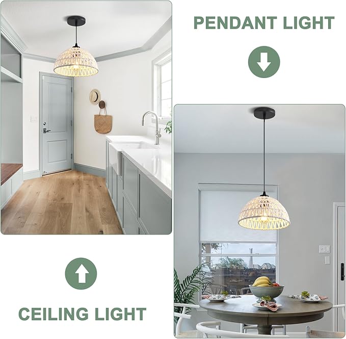 3 Pack Woven Pendant Light Fixtures,10.2" White Rattan Pendant Lights Farmhouse Basket Light Fixture Adjustable Boho Hanging Lamp for Kitchen Island Bedroom Dining Room Foyer Hallway