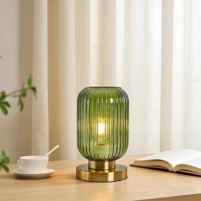 NKU Mid Century Modern Dimmable Table Lamp, Green Ribbed Glass Vintage Nightstand Lamp, Plug-in Bedside Lighting for Bedroom Living Room Office