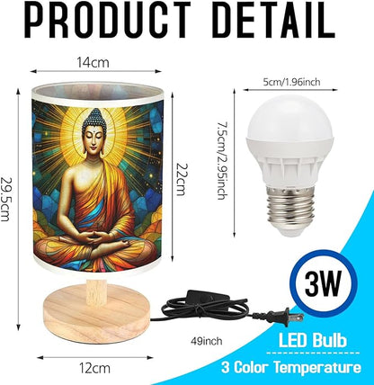 Buddha Table Lamp LED 3-Color Pressed Bedside, Buddha Shade Lamp with Wood Base for Bedroom Living Room Desk Office TL01
