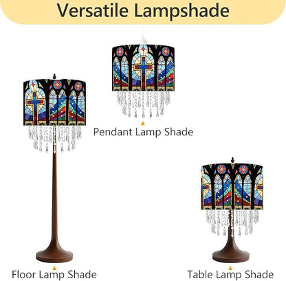 Cross Stained Glass Lamp Shade with Acrylic Bead Droplets, Drum Fabric Light Shade for Ceiling Pendant Table & Floor Lamps, Religious Christian Jesus Prayer Gift, 11.8in