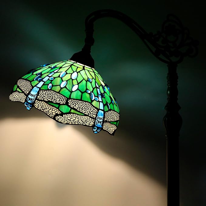Tiffany Floor Lamp Stained Glass Lamp 18.88X12X67 Inch Angle Adjustable Arched Gooseneck Antique Reading Light (Green Dragonfly)