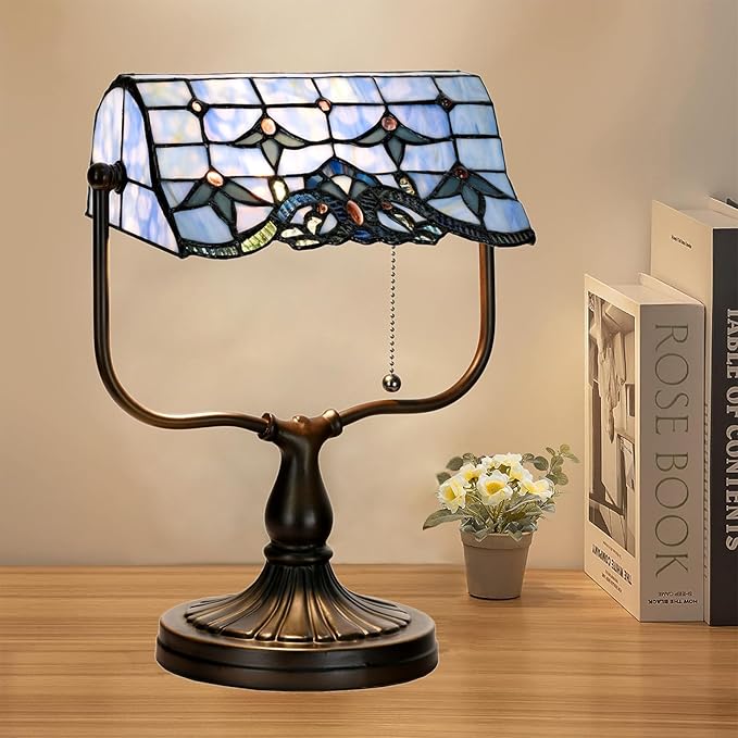 TL0031 Baroque Tiffany Banker Desk Lamp Stained Glass Blue Shade with Vintage Bronze Base W10.25 X OH13 Inches, Art Nouveau Decor for Home Office,LED Bulb Included (Baroque)
