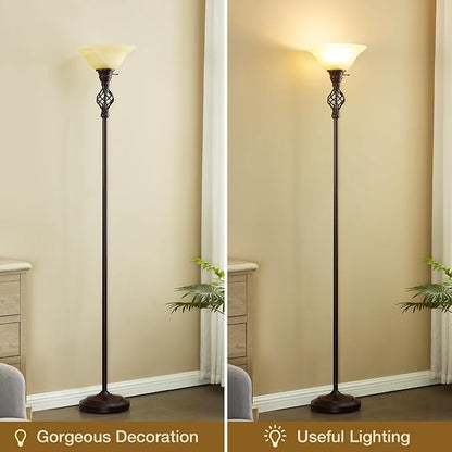 GyroVu Torchiere Floor Lamp for Living Room, LED Standing Reading Light for Bedroom with Glass Shade for Living Room Corner Bedroom Home Office,Bulbs Included (Yellow Lampshade, Glass 1 Head)