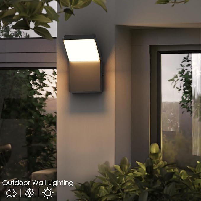 Aipsun Outdoor Wall Sconce Modern LED Porch Wall Lights Black Exterior Lighting Fixtures IP65 Outdoor Wall Mount Sconces Light 3000K Warm Light (2 Pack)