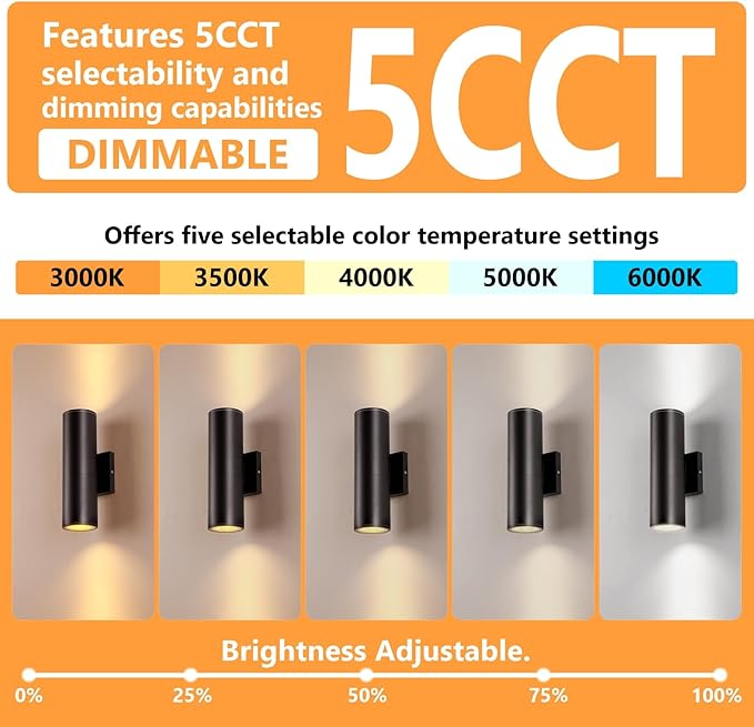 5CCT Dimmable Wall Lights Outdoor 2 Packs, Integrated LED Cylinder Up Down Modern Aluminum Light, Waterproof Exterior Light for Porch Patio Door