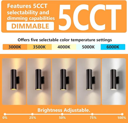 5CCT Dimmable Wall Lights Outdoor 2 Packs, Integrated LED Cylinder Up Down Modern Aluminum Light, Waterproof Exterior Light for Porch Patio Door