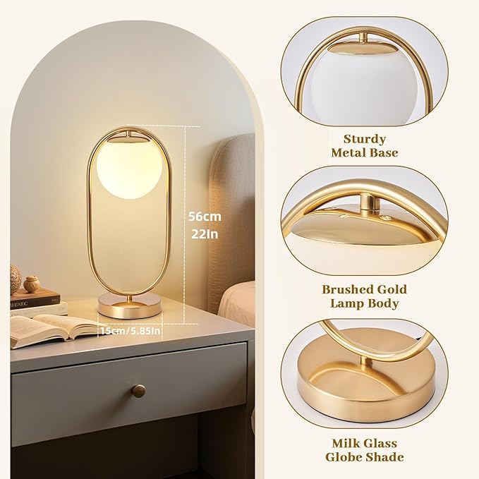 NKU Mid-Century Modern Glass Globe Table Lamp with LED - Luxury Bedside Night Light for Bedroom, Boho Vintage Style for Farmhouse & Office Desk