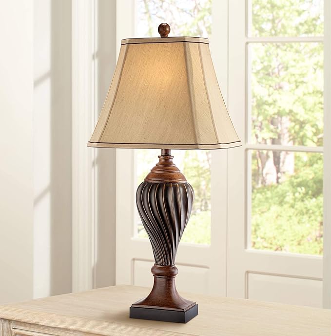 Regency Hill Traditional Style Table Lamp 28.5" Tall Carved Two Tone Brown Urn Shaped Ball Beige Fabric Rectangular Shade for Living Room Bedroom House Bedside Nightstand Home Office