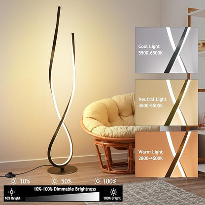 NUÜR Modern Spiral LED Floor Lamp, 59" Ultra-Bright Black Standing Lamp with Remote Control, Arched Floor Lamp for Living Room, Bedroom, Home, Office