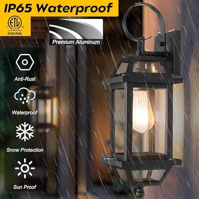 Dusk to Dawn Outdoor Porch Lights, Large Outside Modern Wall Light Fixtures 18" Black, 2-Pack Exterior Dawn Till Dusk Wall Sconces for Outside House Porch Patio ETL Listed