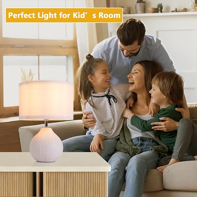 12" Ceramic Table Lamps Set of 2, Small White Bedside Nightstand Lamps with Linen Shade, Farmhouse Rustic Mid Century Modern Lamp for Bedroom Living Room Office Nursery, Cute Desk Lamp for Reading