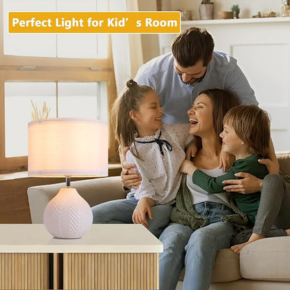 12" Ceramic Table Lamps Set of 2, Small White Bedside Nightstand Lamps with Linen Shade, Farmhouse Rustic Mid Century Modern Lamp for Bedroom Living Room Office Nursery, Cute Desk Lamp for Reading
