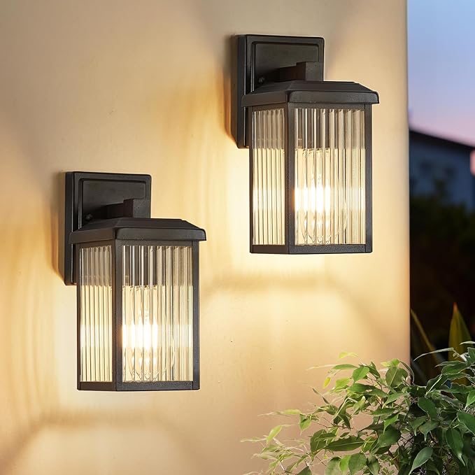 Refice 2-Pack Outdoor Wall Light Fixtures,Waterproof Outdoor Wall Lantern,Wall Mount Exterior Porch Lights, Textured Glass Outside Lights for Patio, Garage, Doorway, Front Door, Black