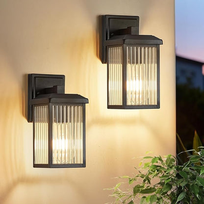 Refice 2-Pack Outdoor Wall Light Fixtures,Waterproof Outdoor Wall Lantern,Wall Mount Exterior Porch Lights, Textured Glass Outside Lights for Patio, Garage, Doorway, Front Door, Black