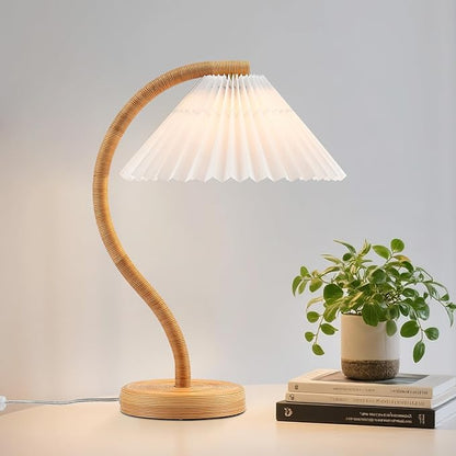 Boho Hand Woven Rattan Table Lamp with White Fabic Shades Plug in and Play Gooseneck Table Light for Bedside Living Room Bedroom Office