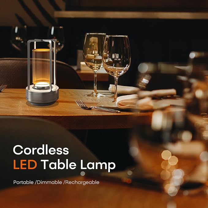 Portable Table Lamp for Indoor/Outdoor, Rechargeable Cordless Desk Lamp with Touch Sensor, 3 Way Dimmable Suitable for Bars/Cafes/Restaurants/Bedrooms/Camping Sites (Silver)