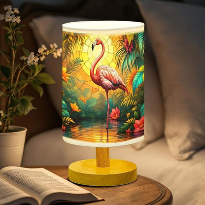 Flamingo Table Lamp LED 3-Color Pressed Bedside, Flamingo Shade Lamp with Wood Base for Bedroom Living Room Desk Office TL01