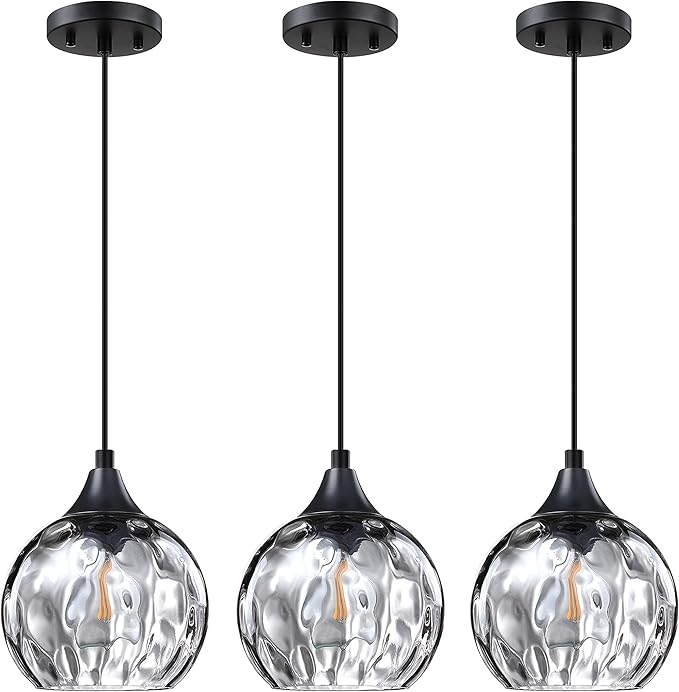 3 Pack 1 Light Hanging Indoor Kitchen Island Pendant Light 6.3" Grey Hammer Glass Pendant Ceiling Light Fixtures Black Finish Modern Farmhouse Dinning Over Sink(Adjustable Height Cord)