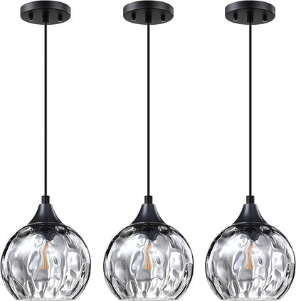 3 Pack 1 Light Hanging Indoor Kitchen Island Pendant Light 6.3" Grey Hammer Glass Pendant Ceiling Light Fixtures Black Finish Modern Farmhouse Dinning Over Sink(Adjustable Height Cord)