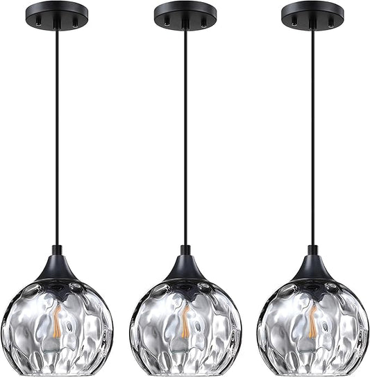 3 Pack 1 Light Hanging Indoor Kitchen Island Pendant Light 6.3" Grey Hammer Glass Pendant Ceiling Light Fixtures Black Finish Modern Farmhouse Dinning Over Sink(Adjustable Height Cord)