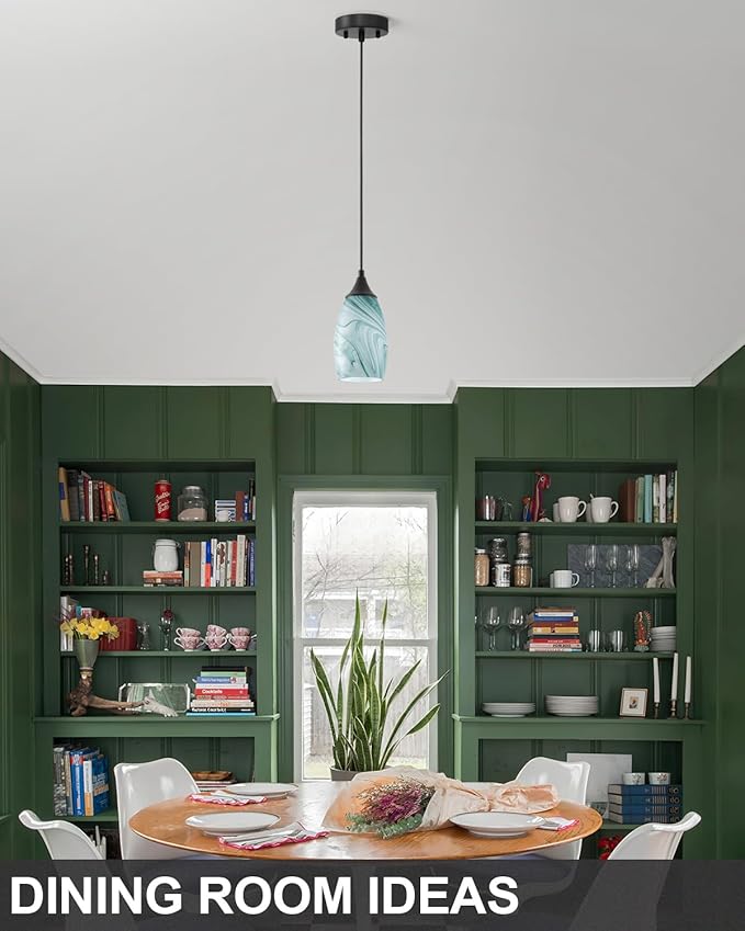 ANYLOVE Vintage Art White-Green Stripe Pendant Lighting,1-Pack Hand Glass Hanging Light Fixture,Adjustable Cord for Kitchen,Hallway,Dining Room