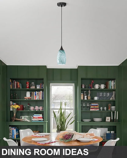 ANYLOVE Vintage Art White-Green Stripe Pendant Lighting,1-Pack Hand Glass Hanging Light Fixture,Adjustable Cord for Kitchen,Hallway,Dining Room