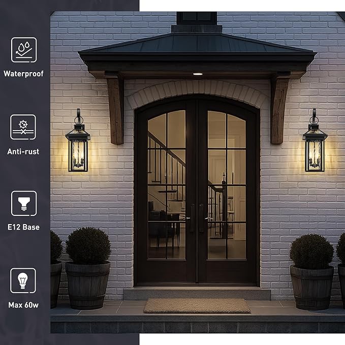 zeyu 2-Light Porch Wall Mount Light, 25.2'' Outdoor Porch Lantern Wall Mounted for House in Black Finish, Die-Cast Aluminum with Water Ripple Glass, ZW114BM BK-SW