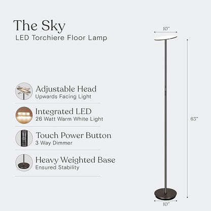 Brightech Sky LED Floor lamp, Torchiere Super Bright Floor Lamp for Living Room Decor & Office - Dimmable, Tall Standing Lamp with Warm Light for Bedroom & Reading - Bronze