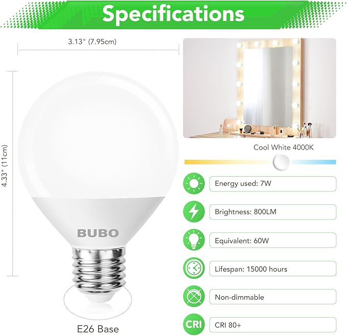 BUBO Vanity Light Bulbs 60 Watt Equivalent, Bathroom Light Bulbs Cool White 4000K, G25 Globe Round Light Bulb 800 Lumens, E26 Medium Base, 7W, Non-Dimmable, 12 Pack