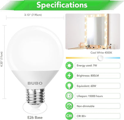 BUBO Vanity Light Bulbs 60 Watt Equivalent, Bathroom Light Bulbs Cool White 4000K, G25 Globe Round Light Bulb 800 Lumens, E26 Medium Base, 7W, Non-Dimmable, 12 Pack