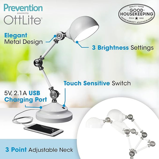OttLite Pevention Pharmacy Adjustable LED Desk Lamp with USB Charging - Designed to Reduce Eyestrain, 3-Point Adjustable Neck, 3 Brightness Settings with Touch Controls