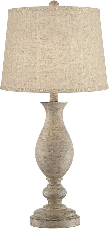 Regency Hill Serena Traditional Country Cottage Table Lamps 27.5" Tall Set of 2 Beige Gray Faux Wood Cream Burlap Fabric Drum Shade for Living Room Bedroom House Bedside Nightstand Home