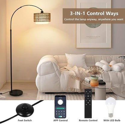 Arc Floor Lamp with Remote, Modern LED Floor Lamp with Dimmable Bulb, Boho Farmhouse Standing lamp with Fabric & Rattan Lampshades, Height Adjustable Black Tall Lamp for Living Room Bedroom