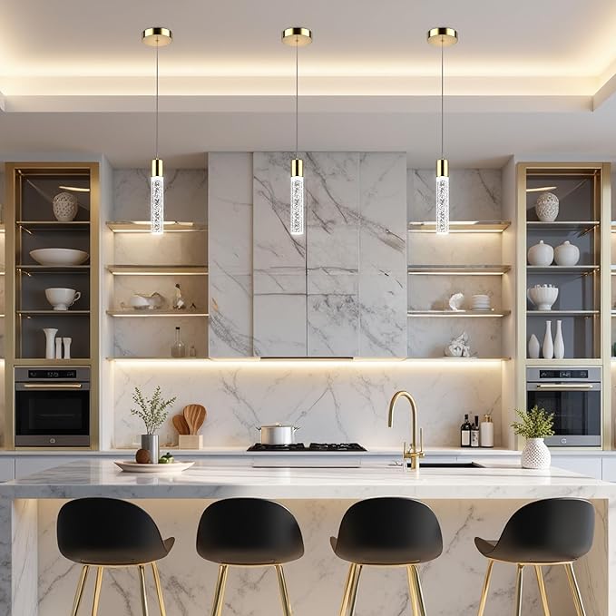 Pendant Lights Kitchen Island, 6500K Modern Kitchen Island Lights Brushed Gold, 3 Pack Ceiling Lighting Fixtures with Crystal Bubble, Integrated LED Hanging Light for Dining Room Restaurant